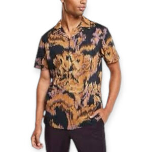 Express Abstract Floral Print Stretch Cotton Short Sleeve Button-Up Shirt